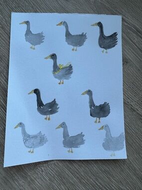 Hand-Painted Duck Pattern Art Print in Gray and Yellow